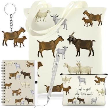 Imagem de Kinlop 5 peças de presentes de cavalo para mulheres incluem Just a Girl Who Loves Horses Tote Bag Canvas Cosmetic Bag Bobina Notebook chaveiro e caneta esferográfica para mulheres meninas, Bege, Cabra