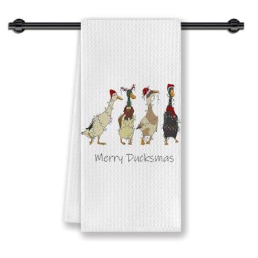Imagem de CosxHabitat Merry Christmas Toalha de prato de cozinha de pato, presentes para amantes de patos, chapéu de rena de Natal engraçado para férias, toalhas de chá decorativas de mão para cozinha, banheiro