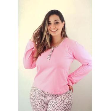Imagem de Pijama feminino inverno em malha de algodão de camiseta com botões ros