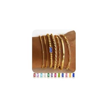 Imagem de M MOOHAM Pulseiras de pedra do mês de nascimento de ouro não manchadas para mulheres - Pulseiras delicadas banhadas a ouro real 14K com contas de corda e clipe de papel, pulseira empilhável, amizade