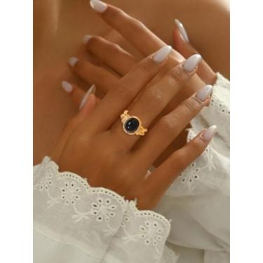 Imagem de Anel vintage ajustável de pedra preta para mulheres – joia retrô com faixa aberta de ouro