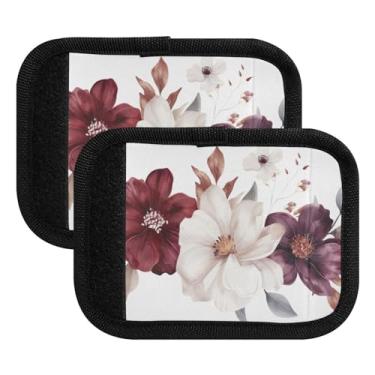 Imagem de Qilmy Pacote com 2 identificadores de bagagem de flores brancas e vermelhas, capa de pega confortável para carrinho de bebê, mala de viagem, acessórios de viagem de avião821