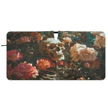 Imagem de CEBUGI Para-brisa de carro dobrável sombra de sol rosas e esqueletos cortinas de janela de carro guarda-chuva pára-brisa frontal para acessórios de carro bloqueador solar refletivo de carro legal, M