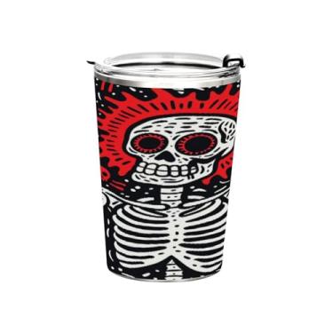 Imagem de STAYTOP Copo de aço inoxidável engraçado caveira 368 g, copo de café isolado com tampa e canudo, caneca de café de viagem de parede dupla para bebidas quentes e frias