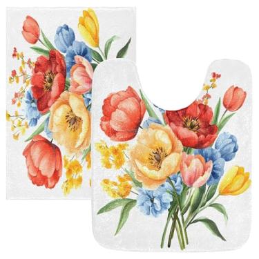 Imagem de Burbuja Conjunto de tapete de banheiro buquê floral em aquarela, tapete de banho absorvente de pelúcia macio, base de vaso sanitário antiderrapante para banheiro