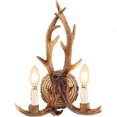 Imagem de Arandela de parede vintage com chifre de veado, soquete E14, iluminação com 2 chamas, luminária de parede criativa e decorativa para cabeceira, luminária de cabeceira com chifre de veado par