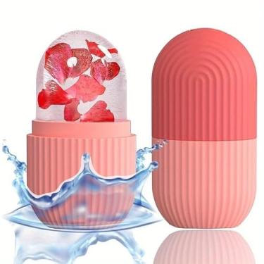 Imagem de Massageador facial de cubo de gelo para rosto rosa, molde de gelo reutilizável para o rosto/pescoço para cuidados com a pele, reduz a dor de enxaqueca, bolsas para os olhos