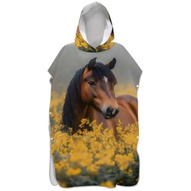 Imagem de Joisal Poncho de surfe trocador de roupão para adultos praia moletom toalha floral plus size marrom cavalo amarelo flor masculina poncho com capuz
