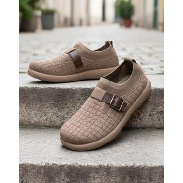 Imagem de Tênis de caminhada feminino, design sem cadarço, cabedal de malha, conforto o dia todo, perfeito para corrida, caminhada e atividades diárias, cáqui, Caqui, 36