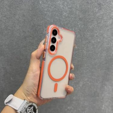 Imagem de Capa transparente com alça de pulso magnética para carregamento, compatível com Samsung A56, A36, A25, A05, A15 e Galaxy S24 Ultra e S25 Plus. Cor laranja. Marca: DanKe. Compatível também com Gal