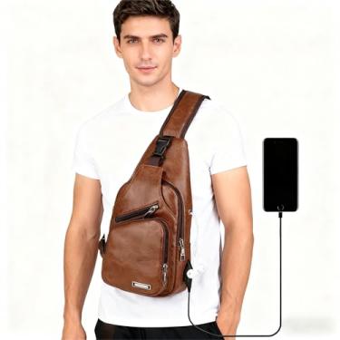 Imagem de Bolsa tiracolo masculina minimalista, feita de material PU com design de porta de carregamento, pode ouvir música | Bolsa tiracolo casual diária recarregável (marrom)