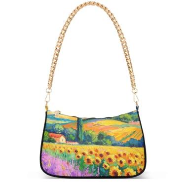 Imagem de Bolsas femininas de inverno com pintura de trem da vila fofas pequenas bolsas femininas bolsas femininas com corrente de ombro bolsas de ombro festa, Campo de girassóis com pintura de cenários