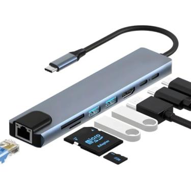 Imagem de Adaptador Hub 8 em 1 USB-C com HDMI 4K + VGA + RJ45 + PD 100W + 2 USB 3.0 + SD/TF