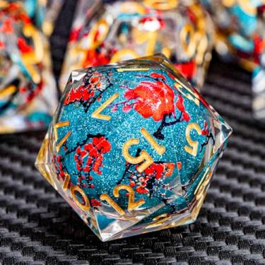 Imagem de ARUOHHA DND Resin Dice Plum Blossom Liquid Core Dice Golden Blue Sharp Edged Polyhedral Dragons Dice Set with Gift Box, Dungeons D and D Dice Role Playing Game D20 D12 D10 D8 D6 D4