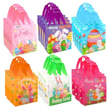 Imagem de eowqeiur Pacote com 24 sacos de presente de Páscoa, tecido não tecido, guloseimas, doces, petiscos, sacolas de embrulho com alças, reutilizáveis, decorações de festa de Páscoa, suprimentos