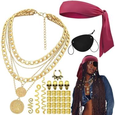 Imagem de Aswitnove Acessórios de fantasia de pirata para mulheres, colar de pirata dourado em camadas, bandana, tapa-olho, não piercing, anel de nariz de crânio, cabelo e barba algemas, acessórios viking para