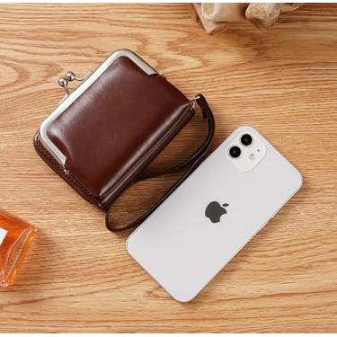 Imagem de Bolsa feminina pequena para moedas, bolsa vintage de couro PU, bolsa retangular para moedas, tamanho de bolso, carteira vintage Kiss Lock, cor sólida, mini porta-moedas para mulheres (vinho tinto)