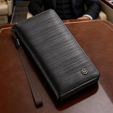 Imagem de Carteira masculina, sofisticada bolsa de couro longo com zíper, estilo clássico com grande capacidade, bloqueio de RFID para transporte profissional (café escuro)
