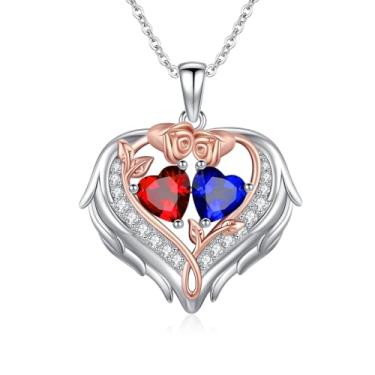Imagem de WYDDO Colar de coração com asas de anjo para mulheres, pedra do mês de nascimento duplo, pingente de flor de rosa, presente ideal para aniversário, Natal, presente para esposa, mãe, namorada, filha