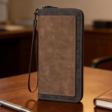 Imagem de Carteira masculina clássica marrom claro com zíper de microfibra resistente à água, design clássico marrom claro com zíper curto com microfibra padrão listrado, resistente à água