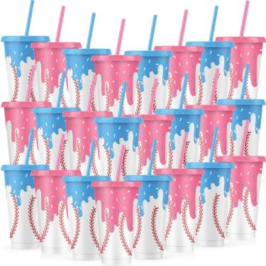 Imagem de Willinglong 24 peças de copos de plástico de sorvete de beisebol com tampas e canudos 680 g reutilizáveis bola esporte copos bebendo garrafa de água caneca de café para fãs amigos festa de aniversário