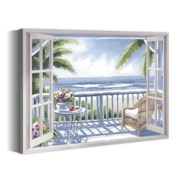 Imagem de summer melody Arte de parede em tela de janela à beira-mar - Pintura com vista para varanda à beira-mar, imagem de cadeira de vime do oceano, imagem de praia, arte costeira para sala de estar