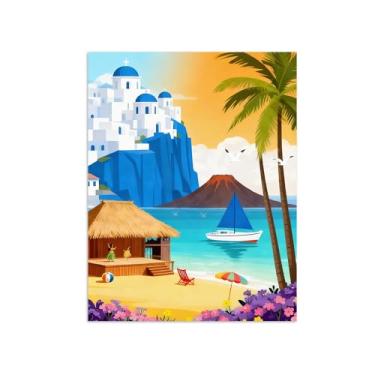 Imagem de Pôster paisagem - Montanha Edifícios Mar - Impressões em Tela - Imagem Moderna Natureza para Sala de Estar Decoração 80x105cm Sem Moldura