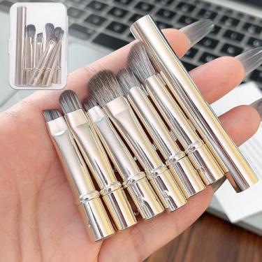 Imagem de 7 peças/conjunto de pincéis de maquiagem profissionais portáteis para viagem com caixa portátil para base de pó cosmético, corretivo, pincéis de maquiagem perfeitos para viagens (ouro, 7,5 x 5 x 2 cm