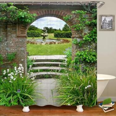 Imagem de Cortina de chuveiro com paisagem de jardim em arco 3D, tecido de poliéster impermeável, banho, floresta, cachoeira, natureza, cenário, decoração de casa 33 x 71 pol. - 85 x 180 cm/LxA