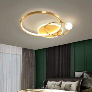 Imagem de Luminária de teto LED moderna com anel redondo e dimerizável, com controle remoto para ajuste de cor e brilho, ideal para sala de estar e quarto (Dourada, Ø52cm)