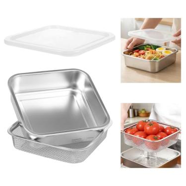 Imagem de Conjunto de tigela de lavagem de aço inoxidável 2 em 1, tigela de mistura de coador de alimentos com escorredor e tampa de PE, panela de lavar louça de frutas e vegetais para drenar arroz macarrão