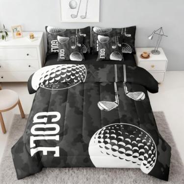 Imagem de Erosebridal Jogo de cama casal de golfe para meninos, 7 peças, decoração esportiva, com lençóis, estampa de golfe 3D, jogos de esportes de inverno, cama em uma bolsa com lençol de cima e lençol com