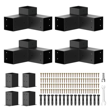 Imagem de Kit de pérgola, suportes de pérgula de 3 vias, suporte de canto de ângulo reto, carpintaria, kit de base de poste faça você mesmo, inclui 4 suportes de ombros, 4 botas para vigas de madeira de 10 x 10