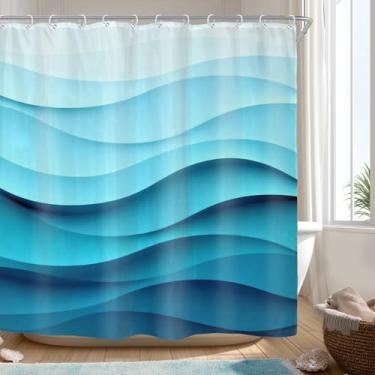 Imagem de Riyidecor Cortina de chuveiro com ondas oceânicas para decoração de banheiro 182 x 182 cm A, azul mar, moderno, gradiente 3D, litoral, náutico, abstrato, simples, à beira-mar, arte impressa, tecido