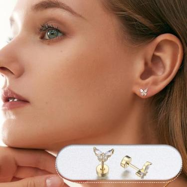 Imagem de Brincos de borboleta banhados a ouro 18 K com zircônia branca e costas planas para mulheres, joias modernas e delicadas, standard, Aço inoxidável, Sem pedra preciosa