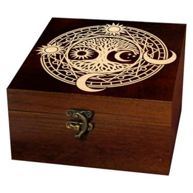 Imagem de arricraft 1 caixa de armazenamento de lembranças de madeira, círculo mágico, árvore da vida, sol e lua, caixa de lembrança quadrada para armazenamento de cartas de joias de aniversário (12 x 12 x 6 cm