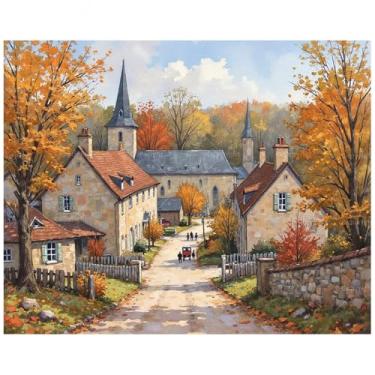 Imagem de Kit de pintura de rua de vila europeia por números para adultos - Cena de outono faça você mesmo com pintura de igreja e casas em tela 40,6 x 50,8 cm, conjunto de tinta acrílica, arte relaxante para