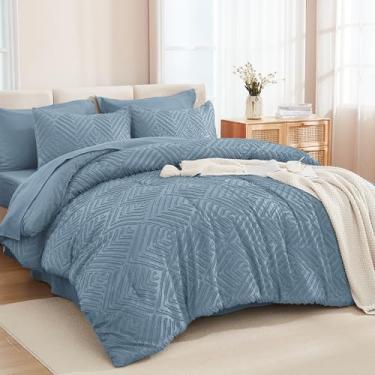 Imagem de Andency Conjunto de edredom super king size azul acinzentado com lençóis – 7 peças, cama em um saco, conjunto de cama boho, fofo, leve, super king com edredom, lençóis, fronhas e fronhas