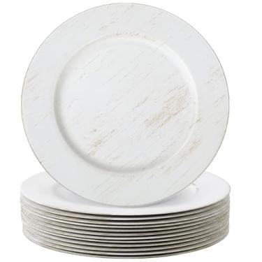 Imagem de Tanlade 12 placas carregadoras a granel de plástico vintage de 33 cm, pratos decorativos florais com borda de babados metálicos para festas de casamento, suprimentos para eventos de férias (branco)