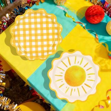 Imagem de JarThenaAMCS Pratos de papel Boho Sun com 40 peças, prato descartável, recortado, aquarela, sol, amarelo, guingão, jantar, sobremesa, pratos para aniversário, chá de bebê, artigos de festa