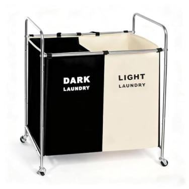 Imagem de Carrinho classificador de roupa com rodinhas de compartimento duplo com rodas, cesto de separação escuro e claro, moldura cromada, organizador móvel de armazenamento de roupas (preto + branco, 2