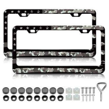 Imagem de Moldura de placa de licença de camuflagem - 2 peças bandeira americana camuflagem legal alumínio metal placa de carro, à prova d'água à prova de ferrugem molduras decorativas para carro