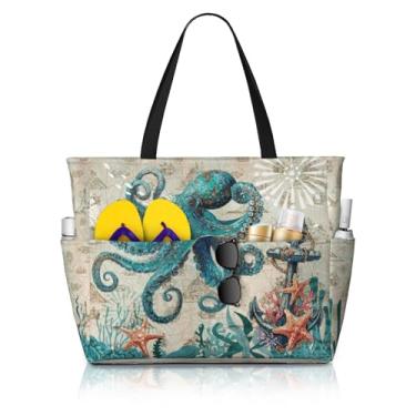 Imagem de Bolsas de praia femininas com estampa fofa, à prova d'água, à prova de areia, bolsa feminina com zíper, bolsas coloridas de piscina para academia e viagens, Polvo 01, One Size, Polvo 01