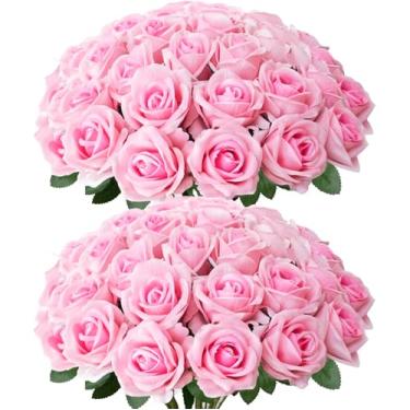 Imagem de Cherica 52 peças de flores artificiais de rosas rosas com hastes, buquê de rosas falsas a granel, rosas de veludo de seda para centro de mesa, arranjo de chá de bebê, aniversário, decoração de casa