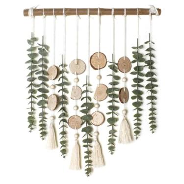 Imagem de Decoração de casa decoração de parede de eucalipto artificial folhas de vegetação falsa caules plantas penduradas na parede em bastão de madeira boho rústica decoração de casa de fazenda flor