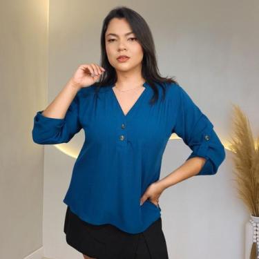 Imagem de Blusa Camisa Feminina Social Botões Manga 3/4 Formal Laura, Azul petró