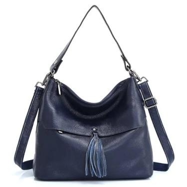 Imagem de Bolsa feminina de couro legítimo, bolsa tiracolo feminina com borla, ombro grande, Azul escuro, Large