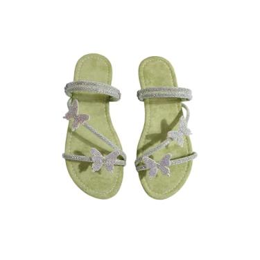 Imagem de OYOANGLE Sandálias femininas de couro PU com strass borboleta com tiras planas e bico aberto elegantes sandálias deslizantes, Verde, 38