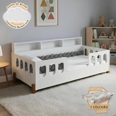 Imagem de Cama Infantil em Mdf Nina com Colchão Incluso + Enxoval Completo Trança Cinza Acompanha Nuvem Led