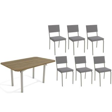 Imagem de Conjunto: Mesa Sala Jantar Elba C- Tampo De Madeira 160cm E 6 Cadeiras Zaria Niquel-nogueira - Suede Cinza - Kappesberg